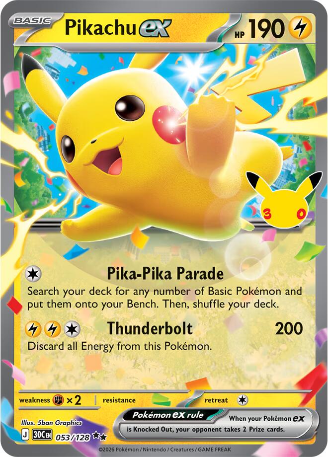 Pikachu ex - 053/128 - ME: 30th Celebration (30C) NM *FOIL*